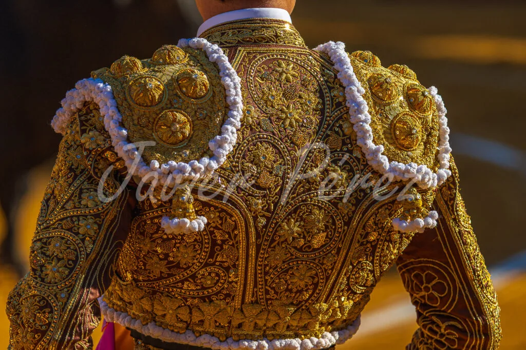 Detalle de la espalda de un traje de luces bordado en oro macizo. Fotografía artística texturas. La maestría - Espalda en oro