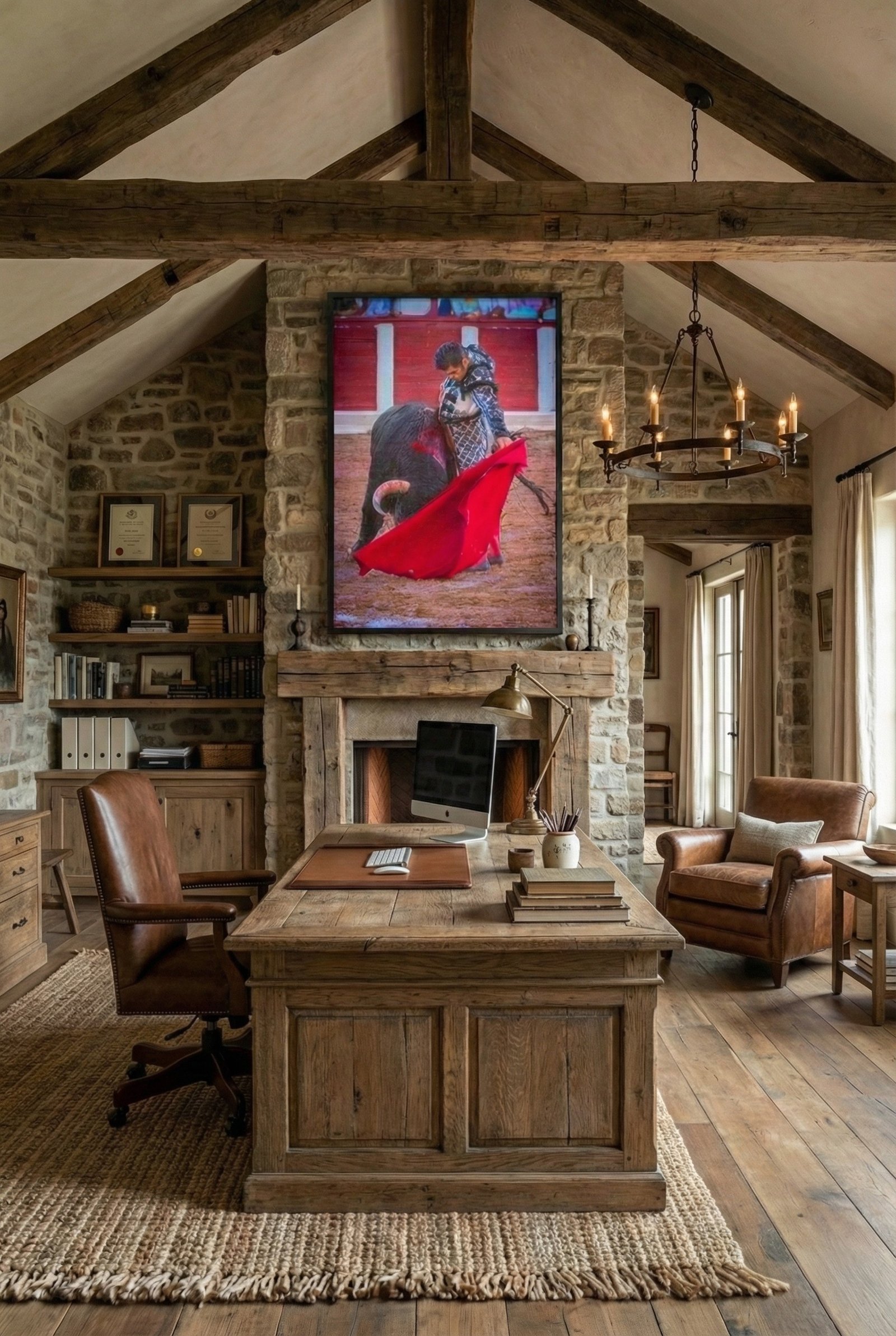 Fotografía de Morante de la Puebla toreando con la muleta, enmarcada en formato grande presidiendo un despacho rústico de lujo con paredes de piedra y vigas de madera.