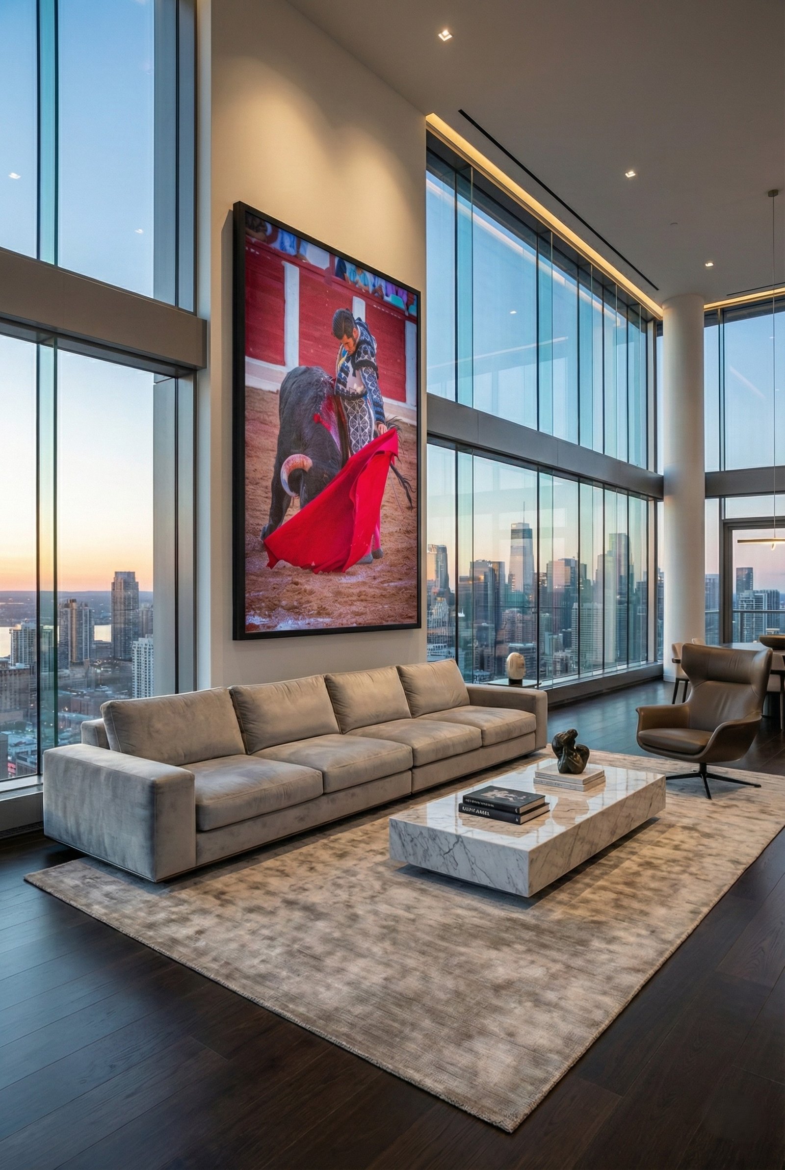 Cuadro vertical de grandes dimensiones de torero toreando al natural, decorando un salón moderno de lujo con grandes ventanales y vistas a la ciudad.