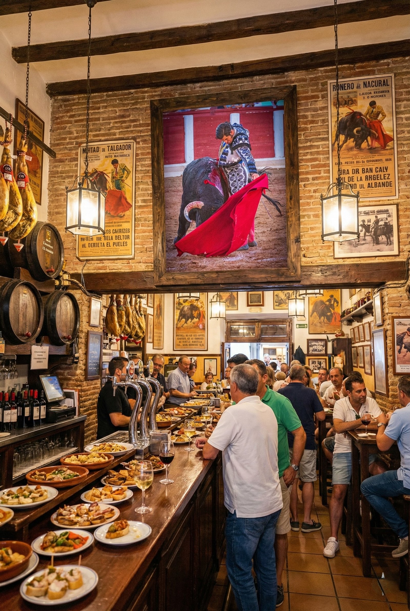 Cuadro taurino de Morante presidiendo la barra de un bar de tapas tradicional o bodega con ambiente rústico y jamones colgados.