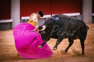 Torero de blanco y oro rematando una media verónica con el capote en la plaza de Las Ventas.