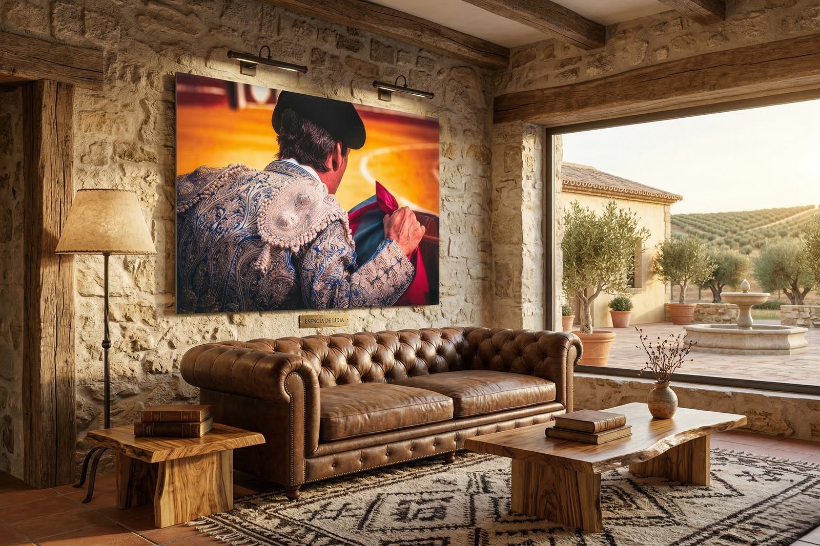 Cuadro de gran formato con la fotografía taurina Azul y plata - Mirada al albero desde el callejón, obra del fotógrafo Javier Pérez. Decoración de interiorismo premium en un salón rústico con pared de piedra, mostrando el contraste del traje de luces y el capote de brega.
