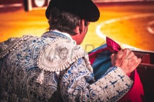 Azul y plata - Mirada al albero desde el callejón. Fotografía de Javier Pérez mostrando a un torero de espaldas apoyado en la barrera con el capote.