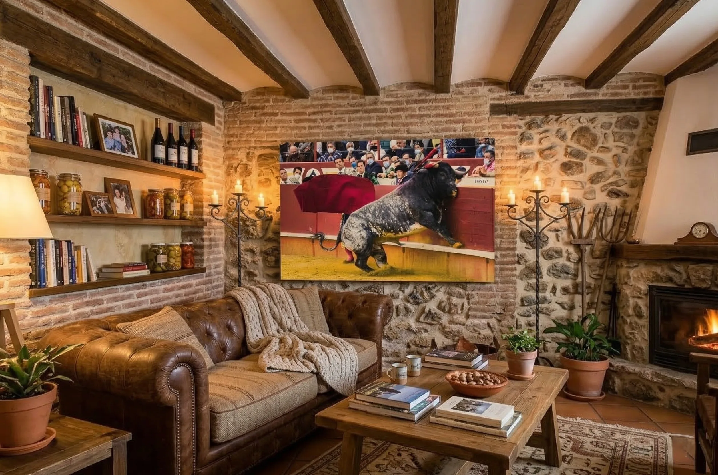 Cuadro en gran formato de la fotografía El límite de las tablas - Derrote de toro burraco, decorando la pared de ladrillo de un salón rústico con sofá de cuero.